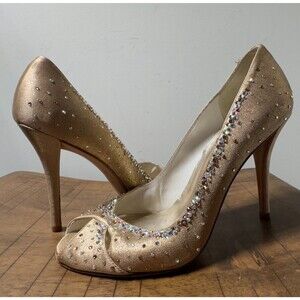 Stuart Weitzman Gold Rhinestone Heels Size 10M Peep Toe Stiletto Evening Wedding